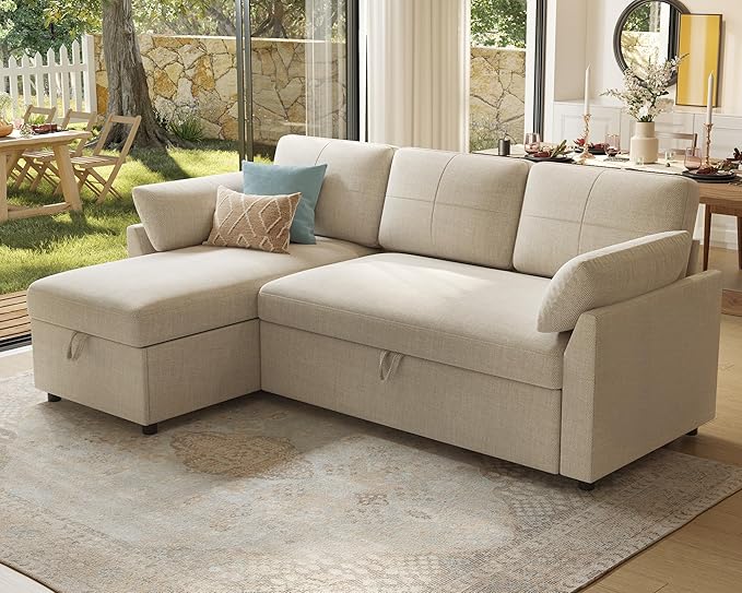 PaPaJet Sofa Bed Sleeper Sofa with Storage Chaise L Shaped Sofa with Pull Out Bed Oversized Sofas for Living Room Beige