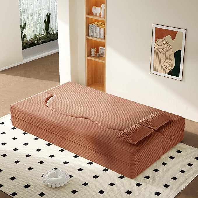 78” Floor Sleeper Sofa Bed Modern 2 in 1 Full Size Foldable Mattress with 2 Pillows Convertible Boneless Couch with Deep Seat for Living Room No Assembly Required (Orange &amp Corduroy) | No Assem