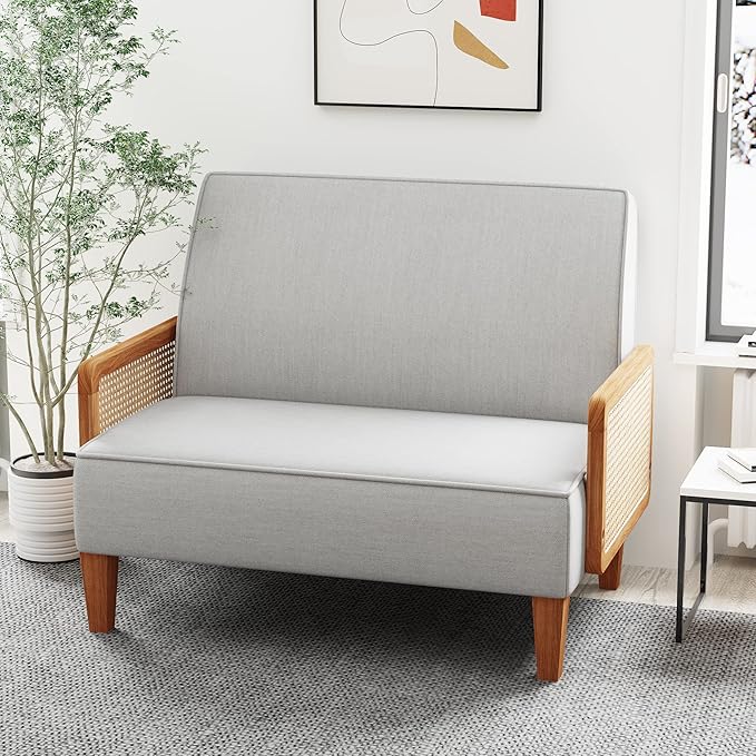 WENTMENT Loveseat Sofa Small Couch for Living Room Love Seat with Natural Rattan Armrest and Solid Wooden Legs Sofa for Small Space Bedroom Apartment（Grey）