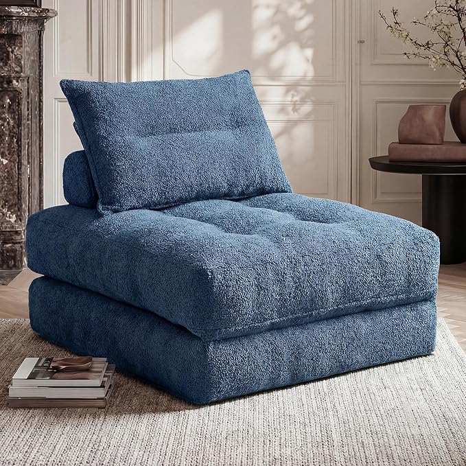 Folding Sofa Bed Fold Out Chair Bed with Pillow Convertible Sleeper Chair for Living Room/Small Spaces Foldable Lazy Sofa Bed Floor Chair Comfy Teddy Velvet Couch Bed Light Blue