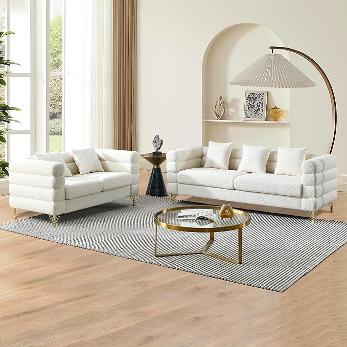 mikibama Luxury Teddy Sofa Set for Living Room Modern Decor Furniture Sectional Sofa 3 Seater Couch and Loveseat with 5 Pillows for Apartment Office Hall (White)
