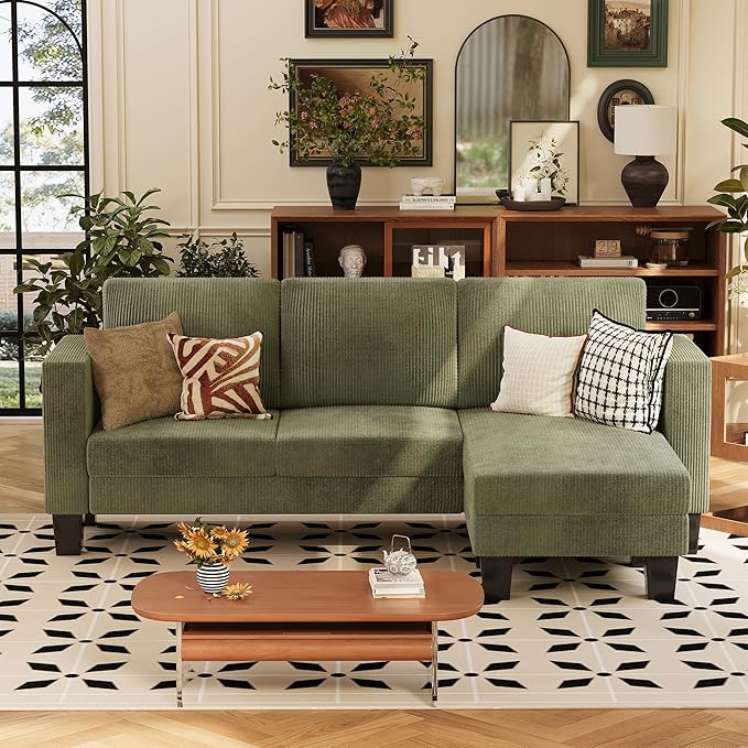 VICTONE Convertible Sectional Sofa Couch 3 Seat L-Shaped Sofa with Linen Fabric Ottoman Small Couch for Small Apartments Living Room and Office (Corduroy Green)