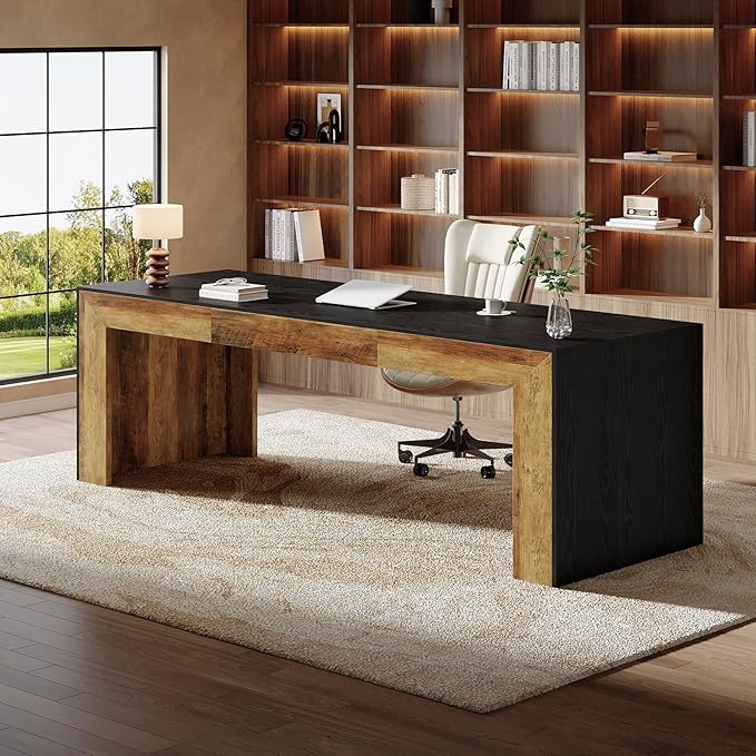Tribesigns 78.7-Inch Long Computer Desk for 2 People Farmhouse Executive Desk with Wooden Desktop and Legs Large Workstations Writing Table Gaming Table for Home Office Heavy Duty Black + Brown