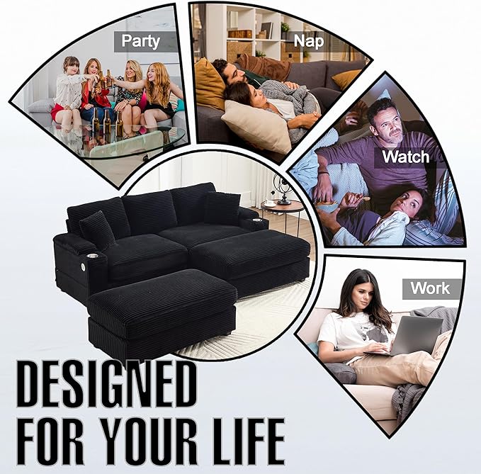 86.6 Sectional Sofa Couch with 2 Ottomans Comfy Corduroy Upholstered Cloud Modular Convertible Couch with Cup Holders and USB Armrest Storage Deep Seat Oversized Loveseat for Living Room (Black)
