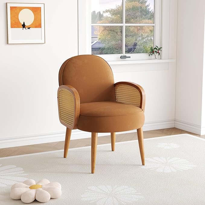 Mid Century Accent Chair with Rattan Armrests Wooden Legs for Living Room Reading Bedroom Balcony Brown