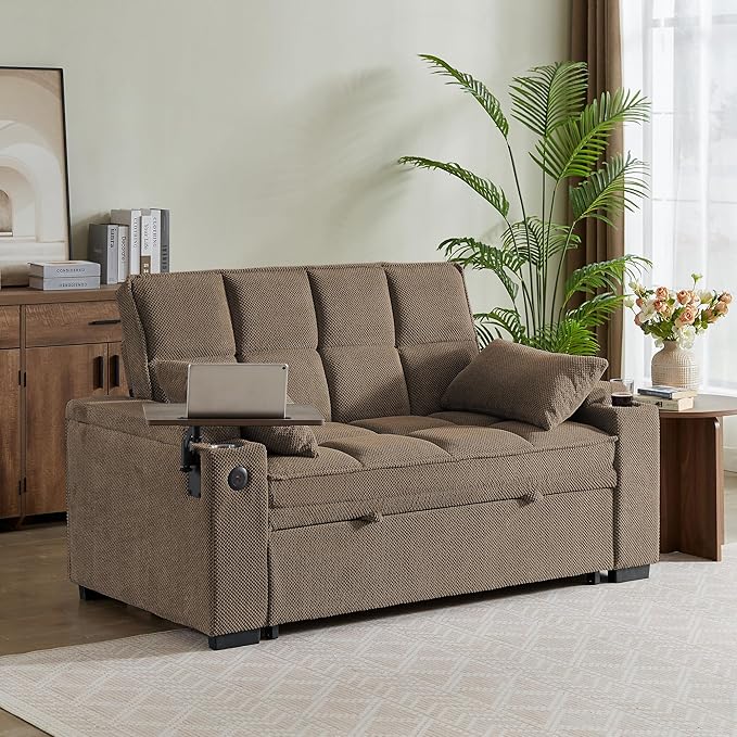 Eafurn Convertible Sleeper Sofa Bed with 360° Swivel Table &amp USB Ports Tufted Chenille Loveseat Pull-Out Couch with Storage Armrest &amp Cup Holders 6-Level Adjustable Backrest