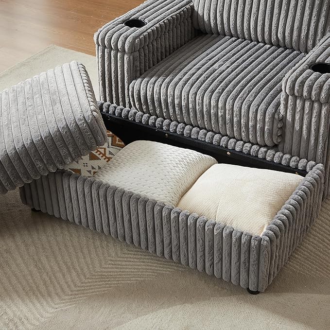 42.5 W Chaise Lounge Chair Indoor Oversized Corduroy Sleeper Chair with Wood Frame Upholstered Sofa Bed with Storage Ottoman &amp Armrest 2 Cupholders for Living Room Movie Room Bedroom