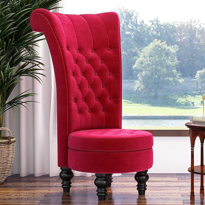 MU Retro High Back Armless Chair Velvet Royal Furniture Chair Upholstered Tufted Accent Seat for Living Room Dressing Room Bedroom Red
