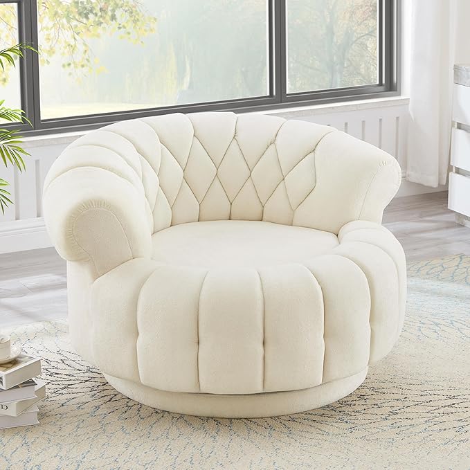 Swivel Accent Chair 360°Swivel Chair Sofa Soft Chenille Barrel Chair Round Club Chair for Living Room Bedroom (Beige)