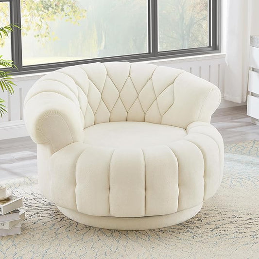 360° Swivel Chair Accent Chair Sofa Chenille Fabric Upholstered Swivel Barrel Round Club Chair with Oversized Seat for Living Room Bedroom Office Hotel (Beige-12.1)