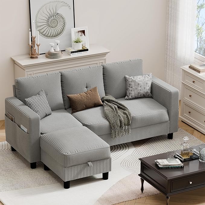 JAMFLY Convertible Sectional Couches for Living Room L-Shaped Couch 3 Seat Sectional Sofa Set with Corduroy Fabric and Movable Ottoman Small Couch for Apartments Office(Light Grey)
