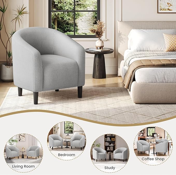 Yaheetech Accent Barrel Chair Corduroy Fabric Club Chair Furry Sherpa Elegant Armchair with Cozy Soft Padded for Living Room Bedroom Reception Room Office Set of 2 Light Gray