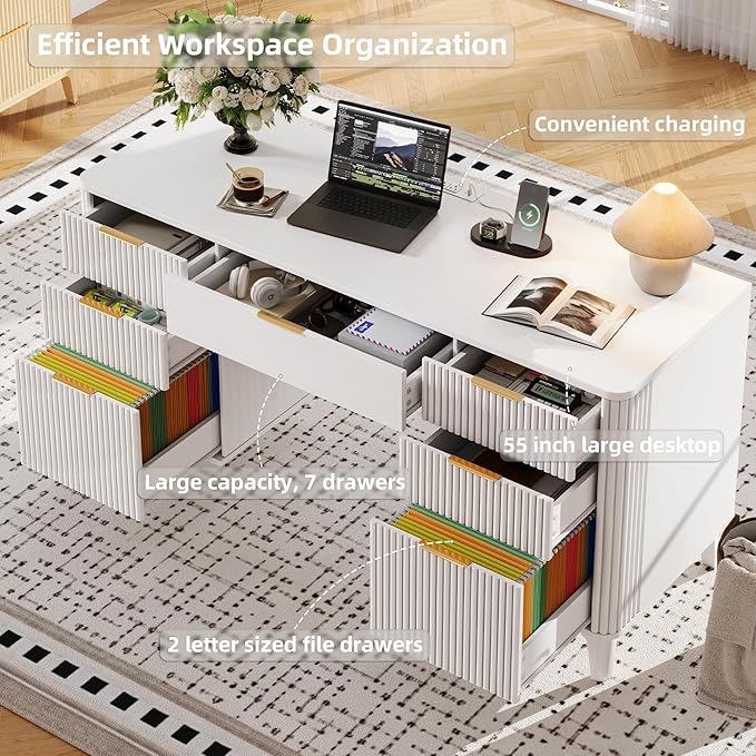 55.1 Fluted Executive Desk with Drawers White Desk with Storage Cabinet Home Office Desk with Charging Station Farmhouse Desk with File Cabinet for Office Home