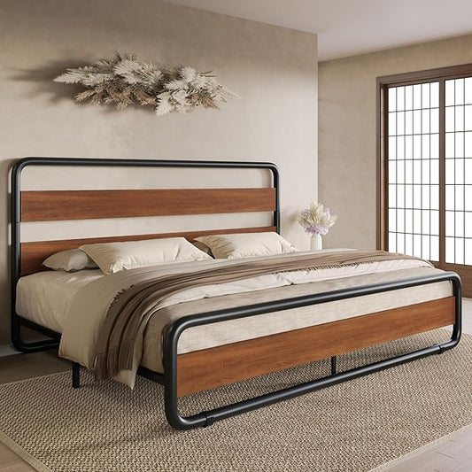 SHA CERLIN King Size Metal Bed Frame with Wooden Headboard and Footboard Heavy Duty Platform Bed Frame with 10 Under-Bed Storage Noise-Free No Box Spring Needed Vintage Walnut