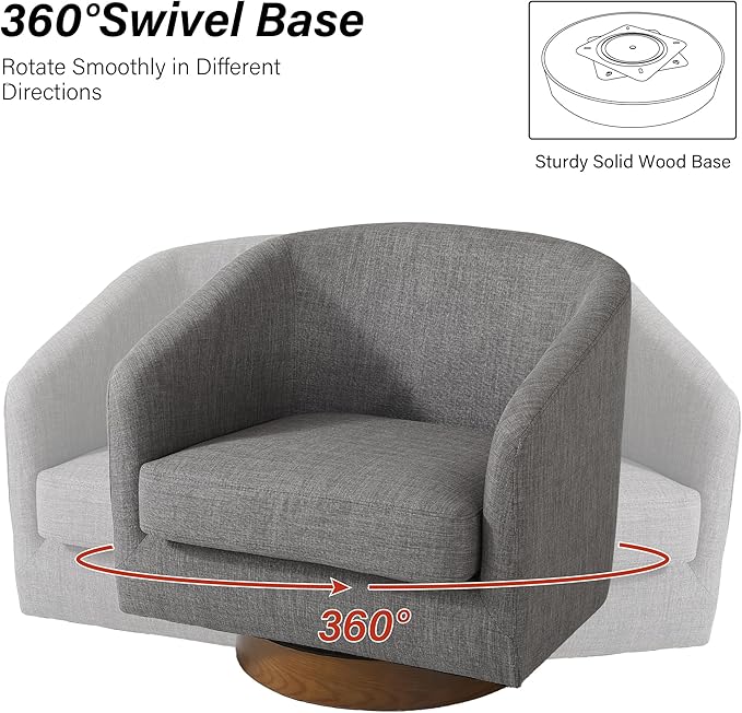 Swivel Barrel Chair Modern Round PU Leather Accent Armchair for Living Room Bedroom Oversized Comfy Club Reading Chairs for Adults (Fabric Grey Set of 1)