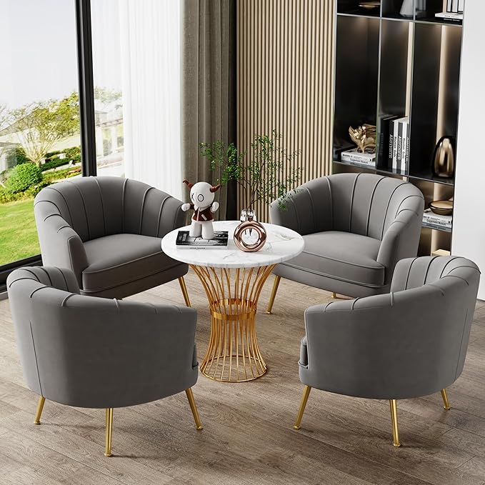 Velvet Accent Chair for Living Room Bedroom Office - Upholstered Single Sofa Arm Chair With Metal Legs Comfy for Reading Leisure Club Coffee - Grey