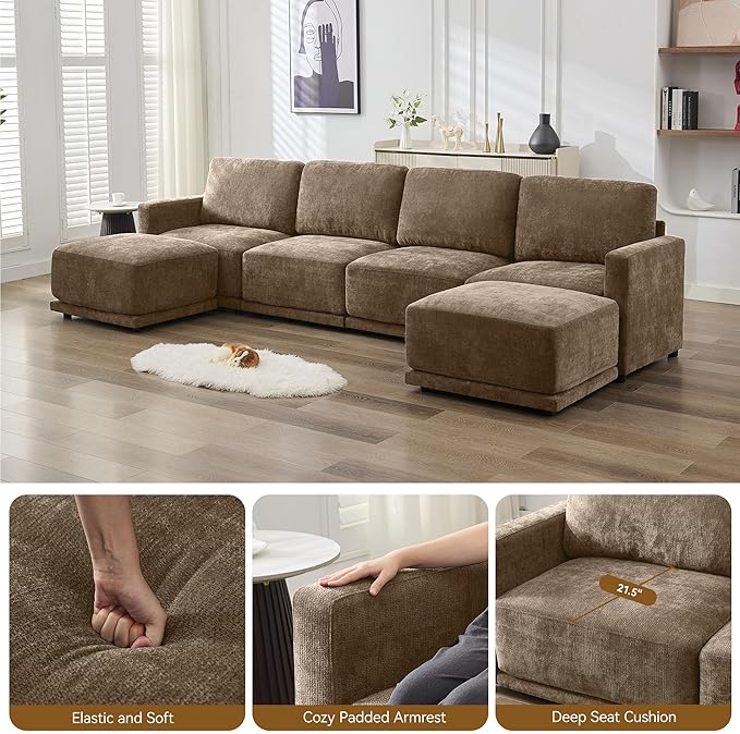 77.4 Chenille Modular Loveseat Oversized Upholstered 2 Seater Sectional Sofa with Thickened Cushions Easy Assembly Modern Comfy Love Seat Couch for Living Room Brown