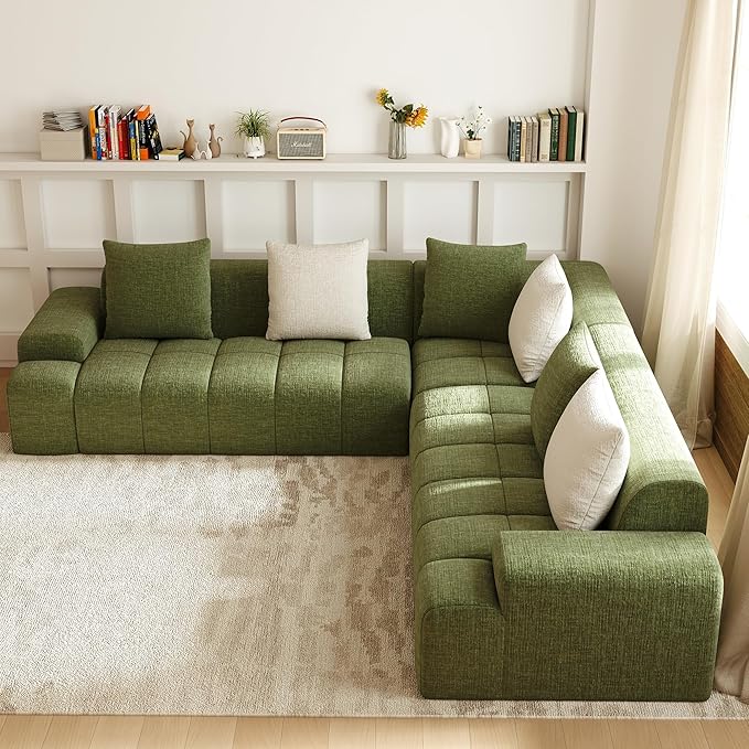 Cloud Modular Sectional Sofa Couch 108 V Shaped Chenille Fabric Memory Foam Sofa 5-Seater Couches with 6 Pillows for Living RoomApartmentGreen