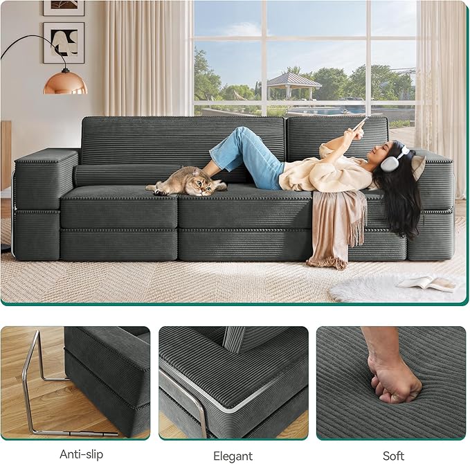 YITAHOME 103 Convertible Sofa Corduroy Cloud Sectional Couch Boneless Couch Sofa Bed with Deep Seat &amp Tall Pillows Sectional Couches for Living Room