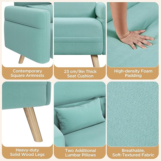 Yaheetech 46 Small Modern Fabric Sofa Loveseat Mid Century 2 Seater Sofa Couch with Lumbar Pillows Solid Wood Legs for Living Room Small Space Dorm Office Bedroom Aquamarine