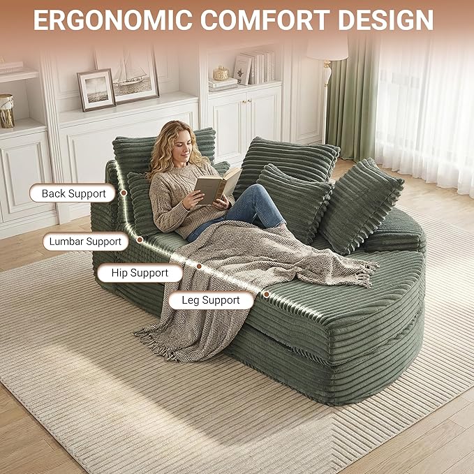 Round Chaise Lounge Chair 2-in-1 Convertible Folding Futon Sofa Bed Corduroy Boneless Cloud Couch Bed Compressed Memory Foam Couch Modular Foldable Floor Sleeper Sofa with 5 Pillows