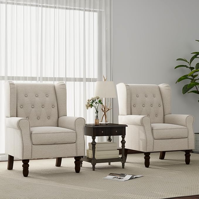 Accent Chair Upholstered Armchair with Button Tufted High Back &amp Solid Wood Legs Comfy Wingback Reading Single Sofa Chair for Small Spaces Living Room Bedroom (Beige Set of 2)