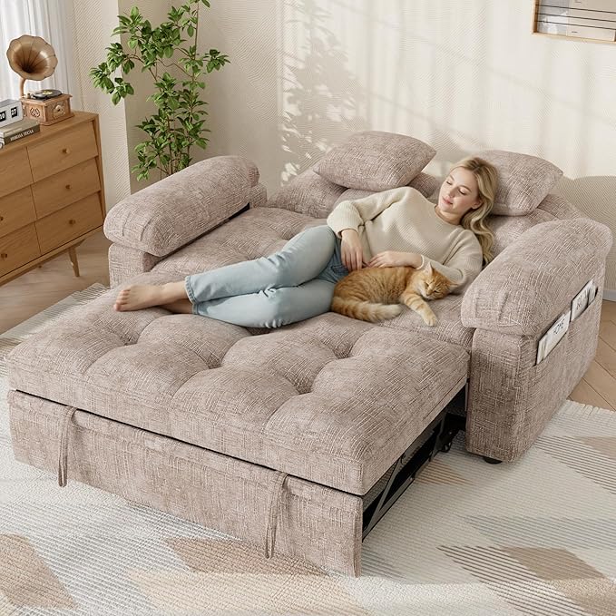 Keyluv 59” Loveseat Sleeper Sofa with USB Ports &amp Side Pockets 3 in 1 Convertible Sofa Bed for Living Room/RVs/Camper Pull Out Couch with Adjustable Backrest Chenille Khaki