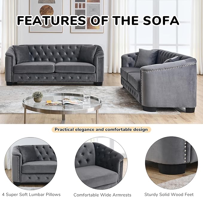 2 Piece Modern Chesterfield Velvet 77 3-Seater Sofa Set Upholstered Tufted Backrests with 8 Nailhead Arms and 4 Cushions for Living Room (Grey 2 Piece 77 3-Seater Sofa Sets)