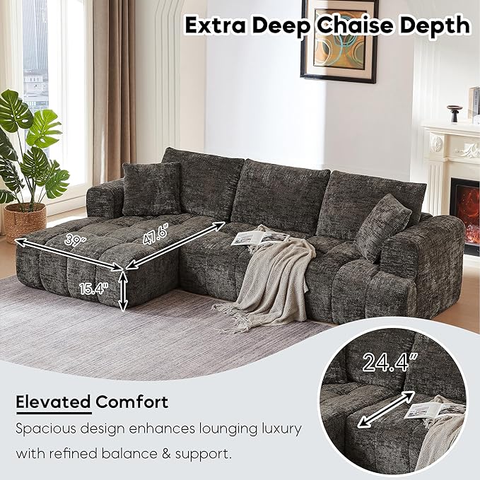 108” Cloud Modular Sectional Sofa Couch with Deep Seat Modern L-Shaped Boneless Couch with Chaise Comfy Chenille Sofa for Living Room No Assembly Required (Brown Left Facing Chaise)