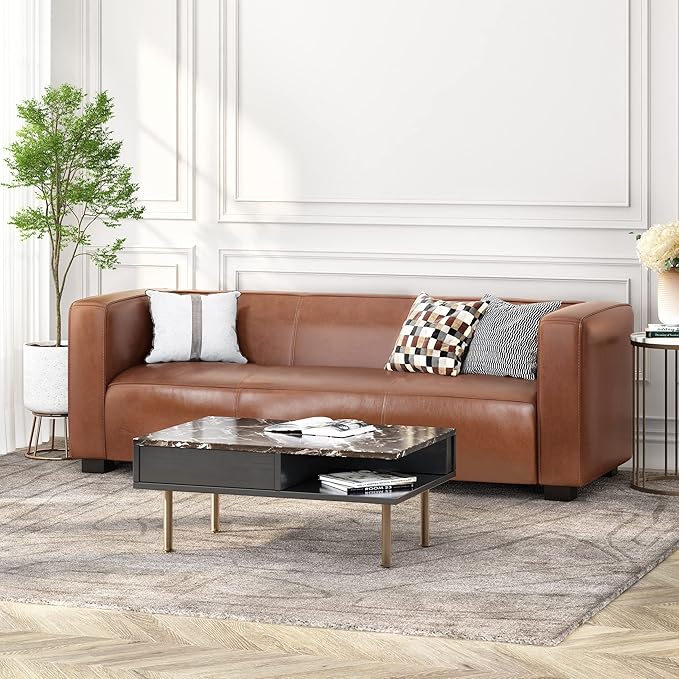 80.25 PU Leather Upholstered Couch Modern 3 Seater Sofa with Tufted Back and Square Arms Nailhead Sofa for Living Room Office Apartment Small Space Light Brown