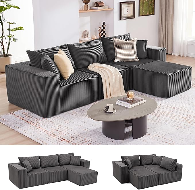 Cloud Couch Sectional Modular Sofa with Deep Seat Plush Corduroy U Shaped Boneless Couch Convertible Sectional Couches for Living Room (Darkgrey 3 Seater &amp 1 Ottoman)
