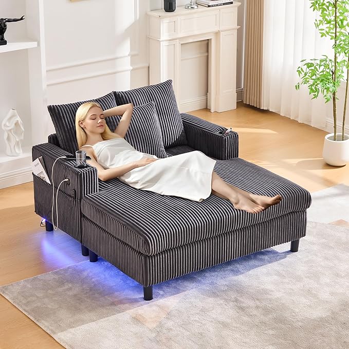 SLEERWAY Modern Corduroy Chaise Lounge Sofa Indoor - 55.9 Comfy Oversized Couch Bed with USB Ports Cup Holder Side Pocket Lights 3 Throw Pillows Lazy Recliner Chairs Living Room (Dark Gray)