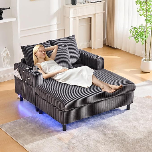 SLEERWAY Modern Corduroy Chaise Lounge Sofa Indoor - 55.9 Comfy Oversized Couch Bed with USB Ports Cup Holder Side Pocket Lights 3 Throw Pillows Lazy Recliner Chairs Living Room (Dark Gray)