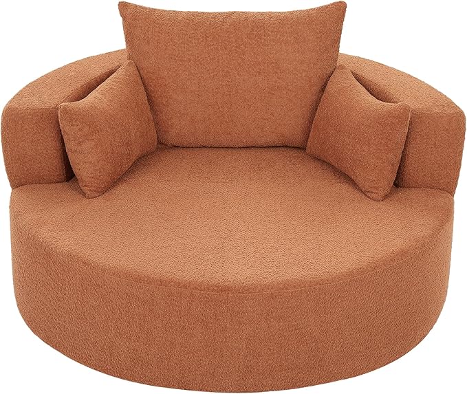360° Oversized Swivel Barrel Chair Oversized Chenille Upholstered Reading Lounger Accent Round Sofa Chair with 5 Throw Pillows and Thicked Cushions for Living Room Bedroom (Orange Red)