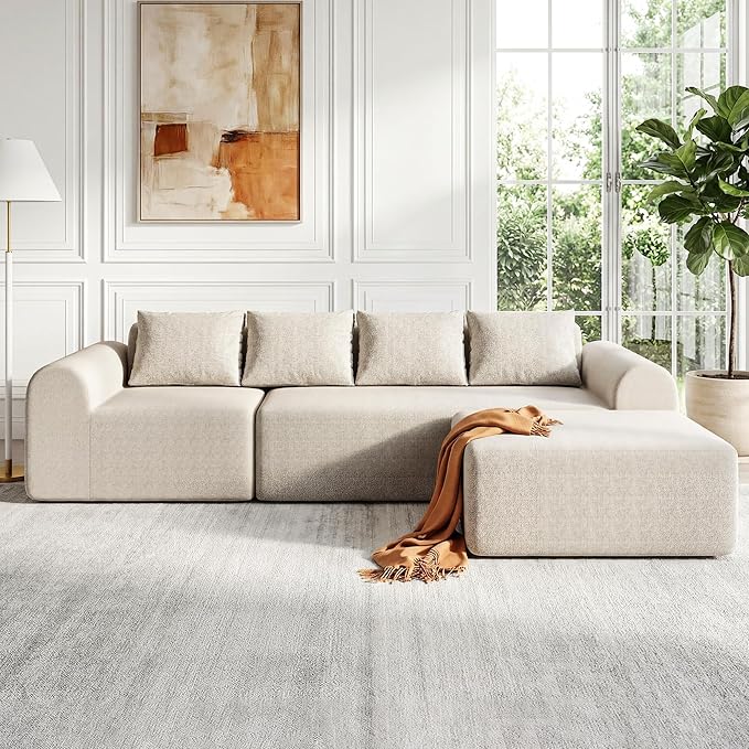 105.5 Modular Sofa Modern Boneless Sectional Sofa with Footstool No Assembly Required Extra-deep Chenille Fabric Seat L-Shaped Chaise Lounge Sofa Suitable for Living Room(Beige)