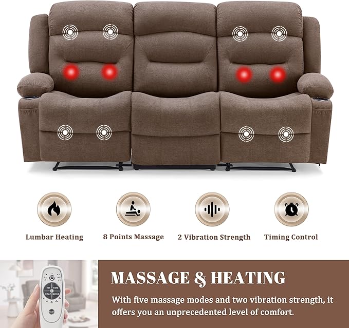 Oversized Recliner Sofa with Heat and Massage Wall-Hugger Reclining Sofa with Cup Holders and USB Port Big Large 3-Seater RV Recliner Couch Sofa for Living Room (Fabric Brown)