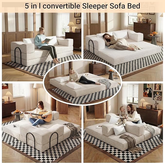 80 Foldable Chenille Futon Sofa Bed 4-in-1 Convertible Couch with 2 Pillows King-Size Floor Lounger for Living Room Guest Room Dorm - No Assembly (Beige 80in)