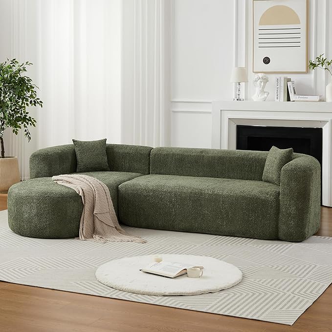 Oversized Sectional Sofa with Chaise with 2 Throw Pillows 109 Modern Luxury Chenille Sofa Extra Wide Seat L-Shape Curved Cloud Couch for Living Room (Left Chaise Green)