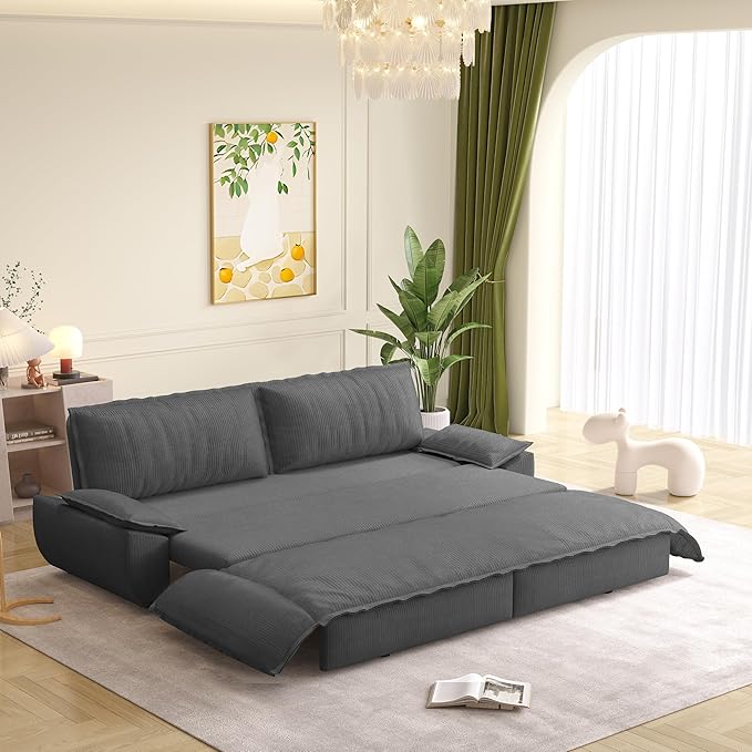 73.2‘’ Queen Size Sofa Bed Corduroy Loveseat 3-in-1 Convertible Sleeper Sofa Couch Love Seat Pull Out Sofabed Space Saving Gray