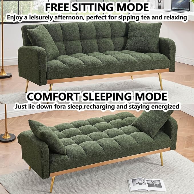 Comfy Futon Sofa Bed with 2 Pillows White Futon Couch Bed with Gold Legs Small Convertible Sofa Bed Couch for Living Room Modern Loveseat for Bedroom Curved Arms Plush Tufted-ShapedTeddy (Green)