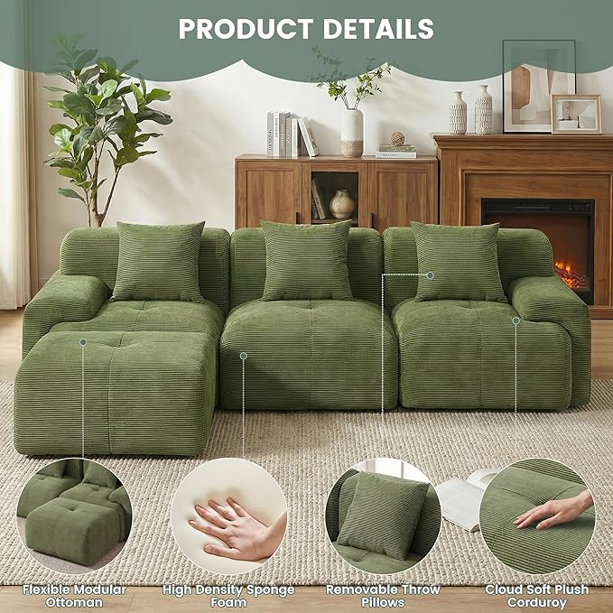 104 Boneless Couch with Ottoman Upholstered Flexible Modular Sectional Sofa Cloud Couch with Deep Seat &amp Pillows for Small Spaces Boneless Couches for Living Room No Assembly Required Green