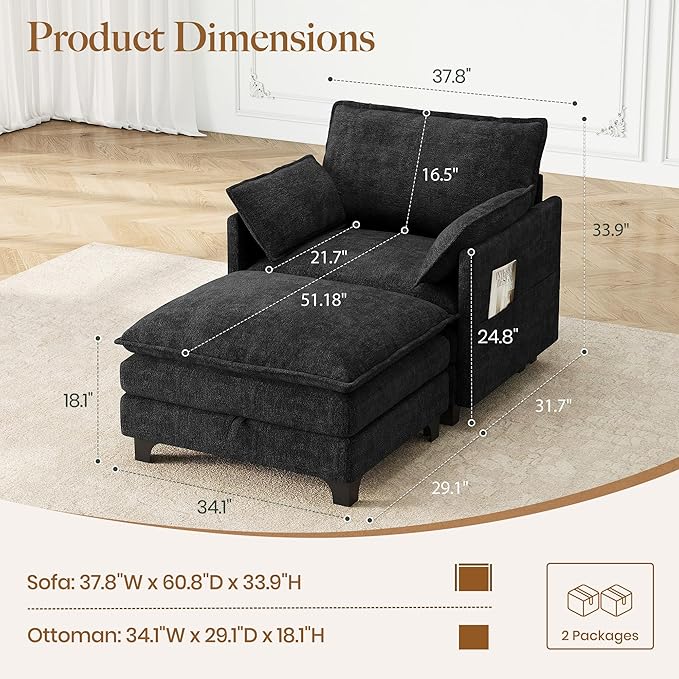 Accent Sofa Chair with Storage Ottoman Cloud Sigle Couch with Side Pocket for Living Room Bedroom and Apartment Dark Grey