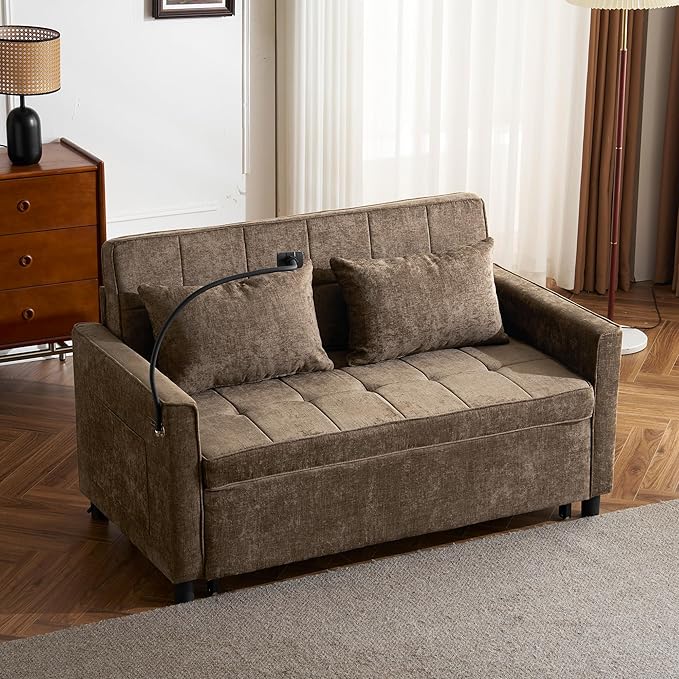Anwick Modern 56.9 Convertible Sleeper Sofa Bed 3 in 1 Comfy Velvet Loveseat Sleeper Chair BedAdjustable BackrestTwo USB Ports and Phone HolderPull Out CouchLoveseatSectional Sofa Bed (Brown)