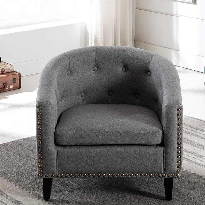 Generic Linen Fabric Tufted Barrel ChairTub Chair for Living Room Bedroom Club Chairs Grey