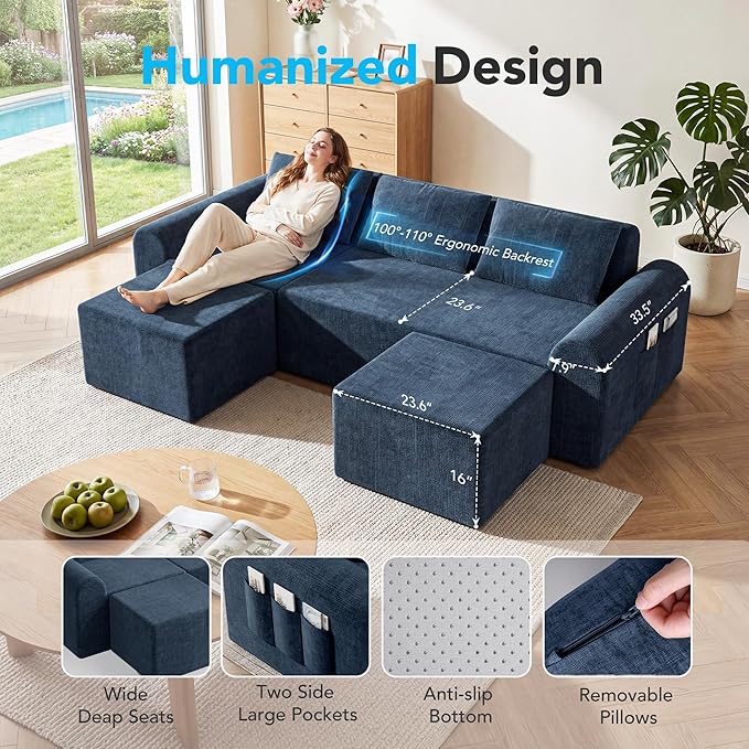 86.6 Modular Sofa Modern Boneless Sectional Sofa with Footstool No Assembly Required Extra-deep Chenille Fabric Seat L-Shaped Chaise Lounge Sofa Suitable for Living Room(Blue)