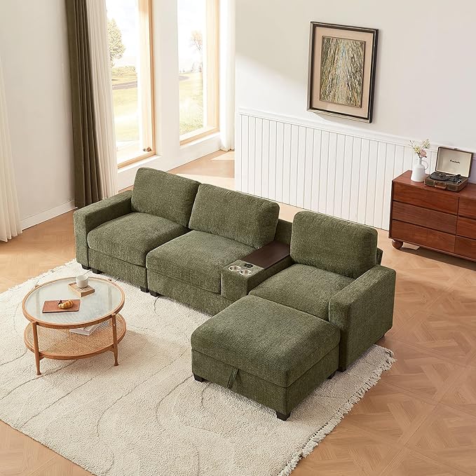 122 Sectional Couch with Console&amp Cup HoldersL Shaped Couch with Convertible Chaise4 Seat Sofa W/Storage OttomanCouches for Living Room and Apartment (Green)