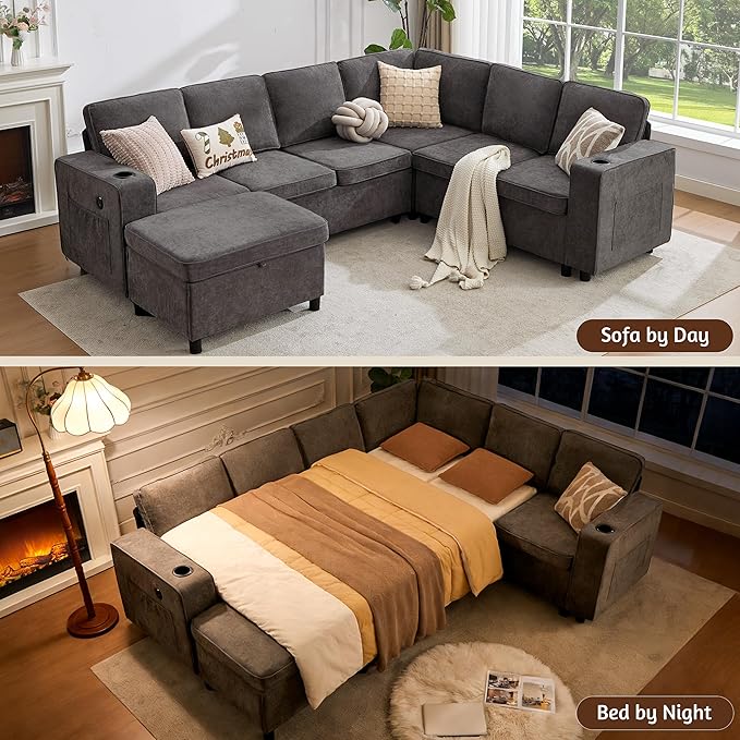 107 Modular Sectional Sleeper Sofa with Pull Out Bed 7 Seat U Shaped Couch with Storage Ottoman USB Port &amp 6 Pillows Sectional Couches for Living Room &amp Apartment Modular Cloud Couch Gre