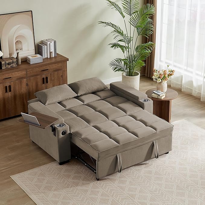 Eafurn Convertible Sleeper Sofa Bed with 360° Swivel Table &amp USB Ports Tufted Chenille Loveseat Pull-Out Couch with Storage Armrest &amp Cup Holders 6-Level Adjustable Backrest