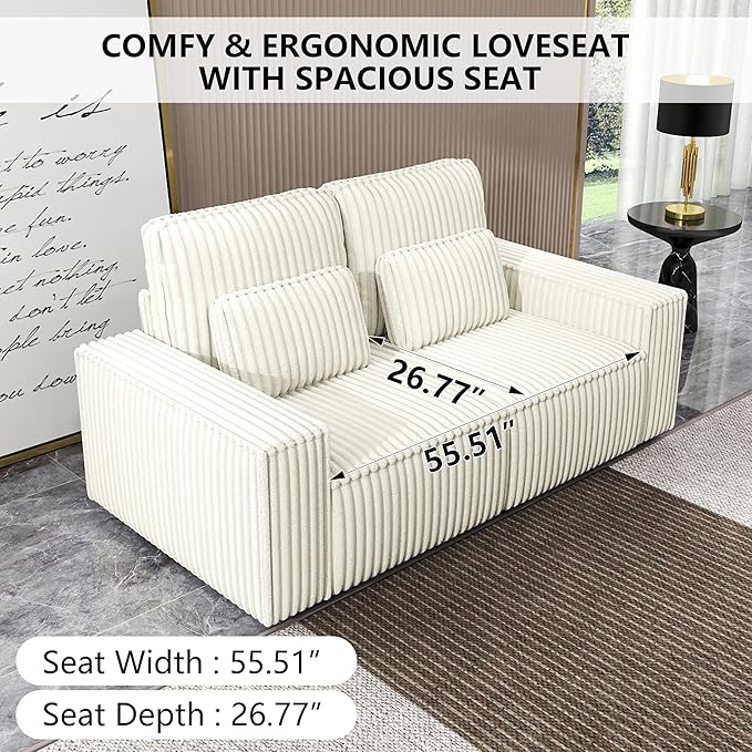 mikibama Modern Corduroy Loveseat 2 Seat Sofa CouchModular Sectional 2 Seater Sofas with PillowsDeep Love Seat Couches with Wide Square Arms for Living Room (Off White Loveseat)