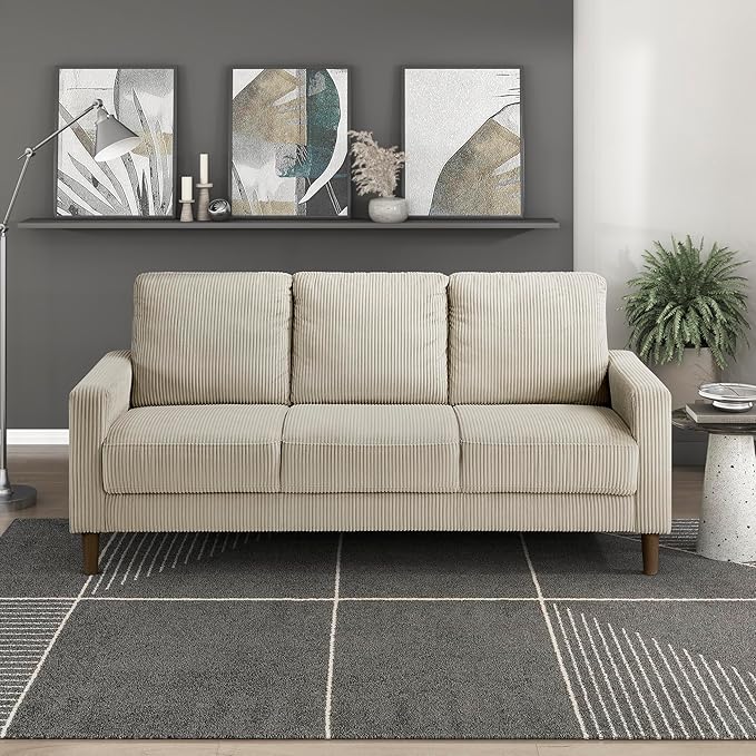 Lexicon Modern Sofa Corduroy Fabric Upholstered Living Room Sofa Couch with Brown Legs Track Arms Comfy Couch for Living Room/Bedroom/Apartment 3-Seater Taupe